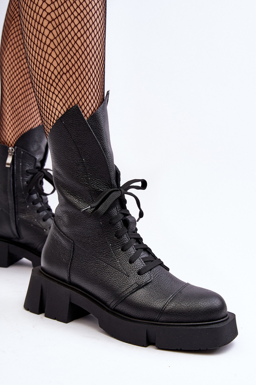 Dámské kožené botky Workery na masivním plochém podpatku Zazoo 976A černé