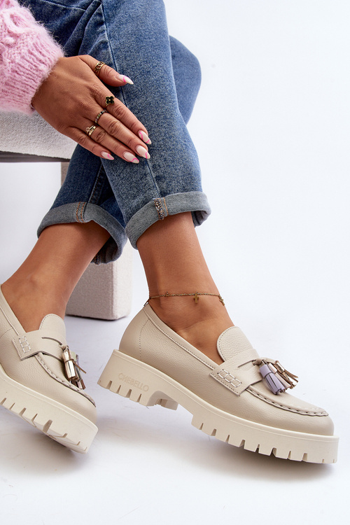 Dámské kožené mokasíny s ozdobou CheBello 4369 béžové