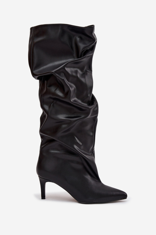 Dámske čižmy na podpätku na slip-on s riasením Čierne Rosivine