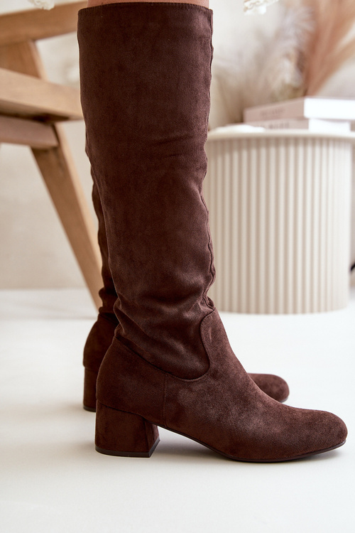 Eko semišové dámské kozačky nad kolena na zip hnědé Elitara