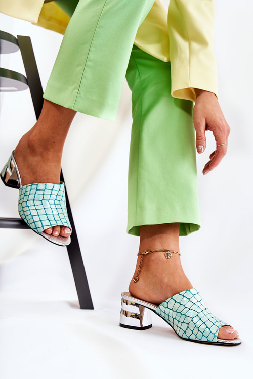 Kožené Dámské Pantofle Krokodýlí vzor Na Podpatku Světle zelená Perry