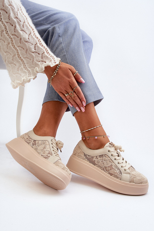 Dámske Krajkové Sneakersy Na Platforme S.Barski HY51-059 Béžové