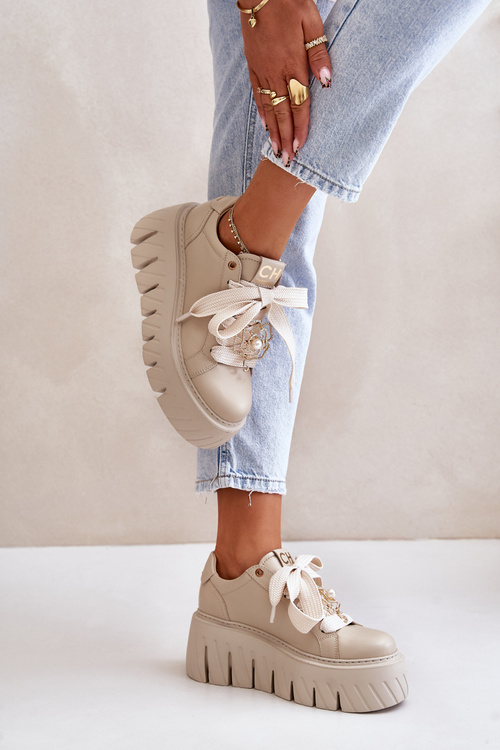 Dámské tenisky na masivní podrážce se zlatou ozdobou CheBello 4530 Béžové