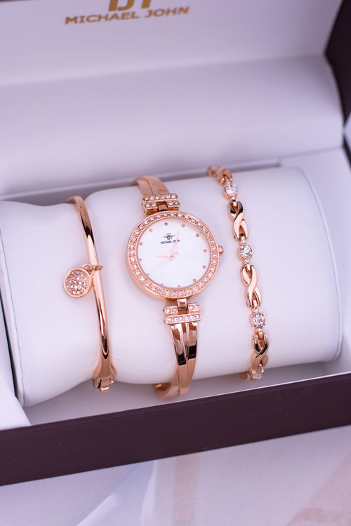Michael John stanovil dámske hodinky s zircónmi Dva ružové zlaté náramky