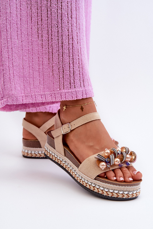 Dámské Sandály Na Klinu A Platformě S Ozdobami S.Barski HY056 Béžové