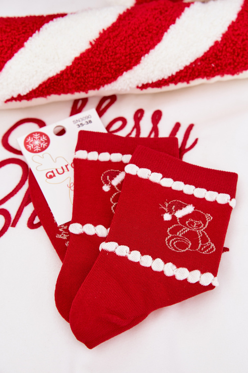 Dámske vianočné ponožky Medveď v čiapke Santa červené