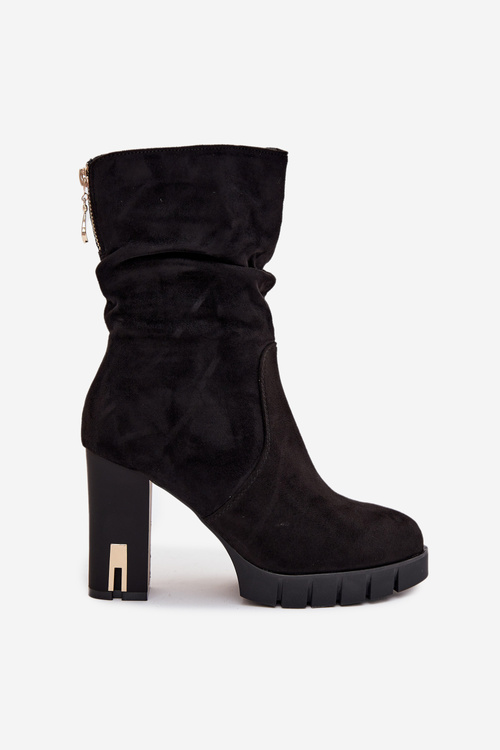 Zateplené dámske čižmy na opätku so zlatým zámkom a vráskami Čierne Briannae