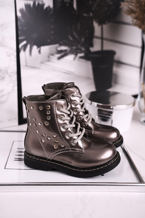 Izolované topánky pre deti s dlažbami lakovanou šedou slávom