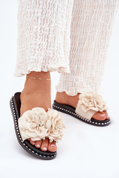 Dámske Šľapky S Textilnými Kvetmi Béžové Elachase