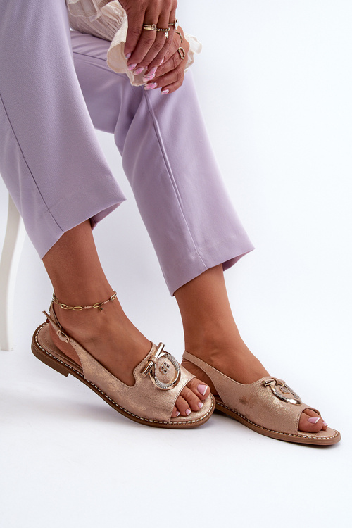 Elegantné dámske sandále s zlatou ozdobou na plochej podrážke ružové zlato S.Barski KV27-053