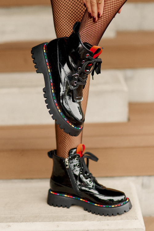 Kožené Lakované Čižmy Worker Na Zips Čierne Anafra