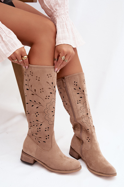 Ažurové dámské kozačky na klínu Khaki Helinna