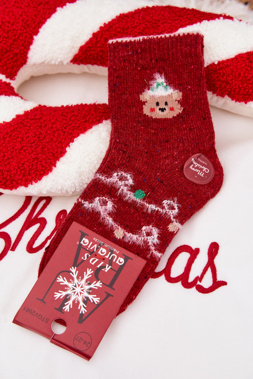 Detské Vianočné Ponožky S Medveďom Alpaka Vlna Červené