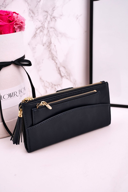 Veľká dámska peňaženka s ďalšou kabelkou a strapcami námornícky modrý