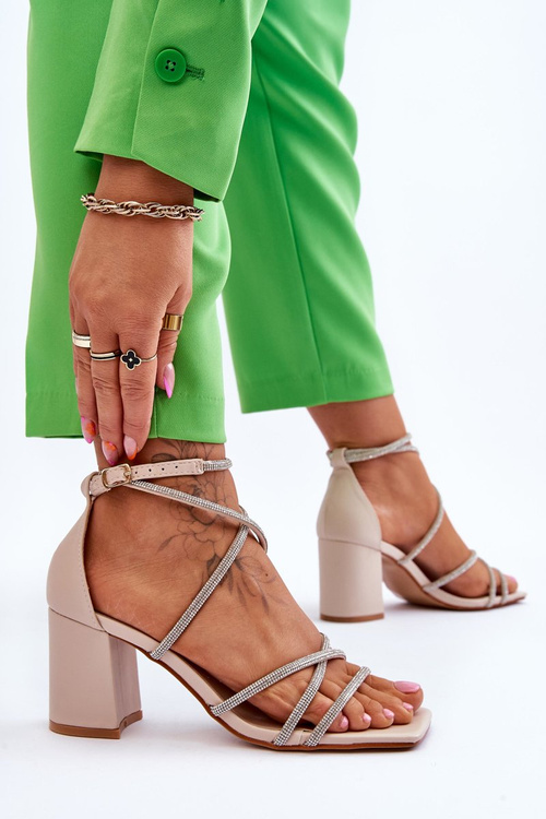 Dámské kožené sandály se zirkonovým podpatkem Béžove Liniano