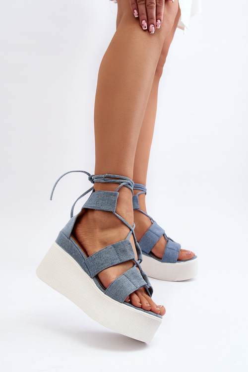Dámske denim sandále s viazaním modré Helavi