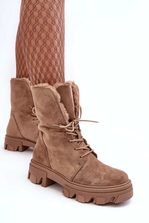 Suede Lace -up Boots Workers s kožušinou tma