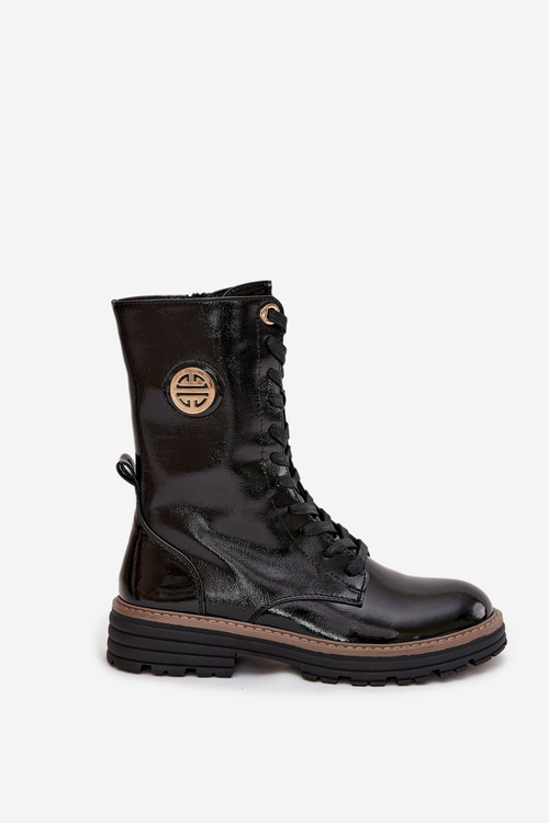 Lakované pracovné čižmy pre ženy s zlatým detailom zateplené čierne Dorialine