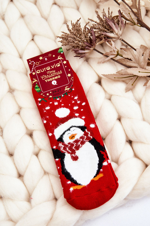 Dětské vánoční bavlněné termoaktivní ponožky tučňák Červene