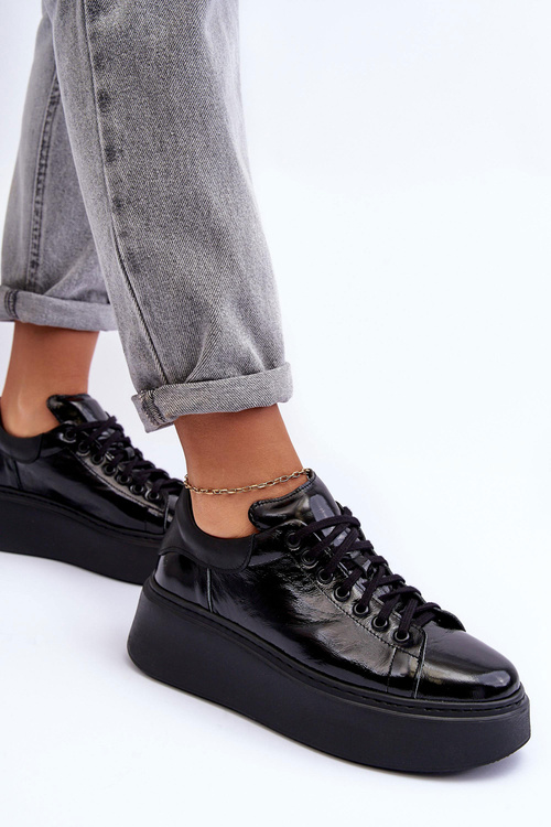 Dámské sportovní boty lakování na platformě černé Lemar 10150