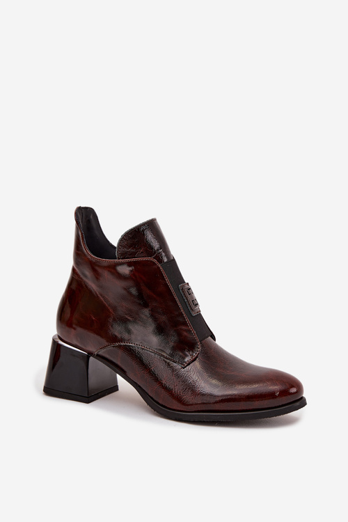 Kožené lakované čižmy na platforme s ozdobným detailom zateplené Zazoo 60560 tmavohnedé