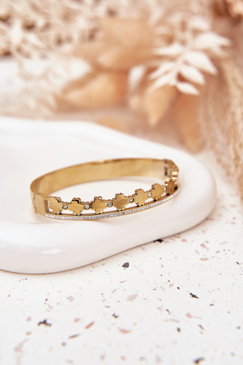 Náramek ze nerezové oceli zdobený čirými kamínky zlatý