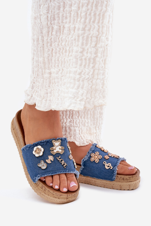 Dámské Pantofle Se Zlatými Doplňky Na Platformě Tmavě Modré Rigasta