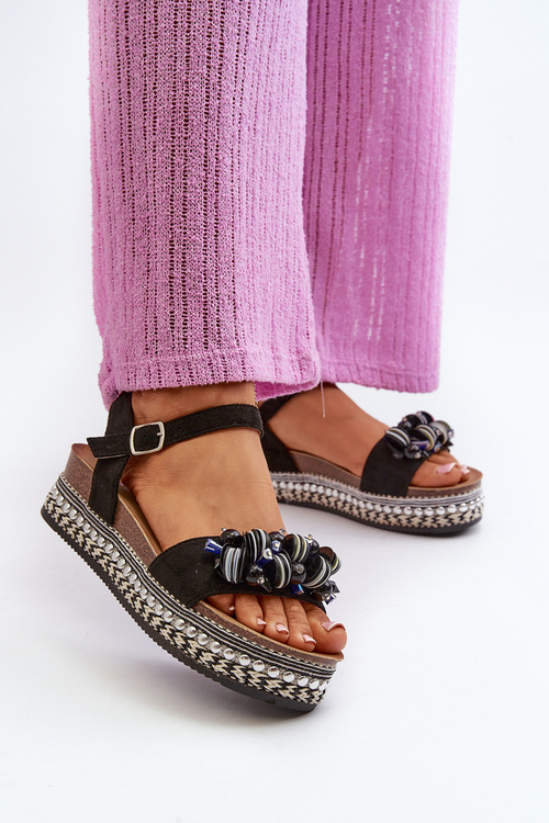 Dámske sandále na klinčeku a platforme s ozdobami S.Barski HY056 Čierne