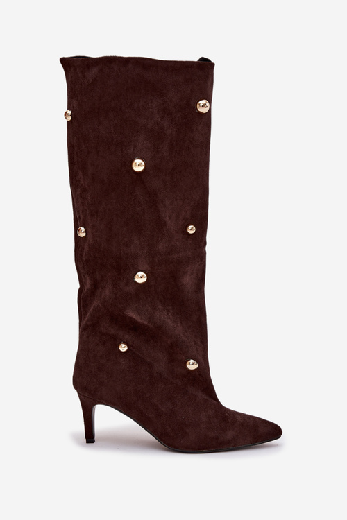 Vklouznuté dámské kozačky na jehlovém podpatku se zlatými ozdobami hnědé Thaliane