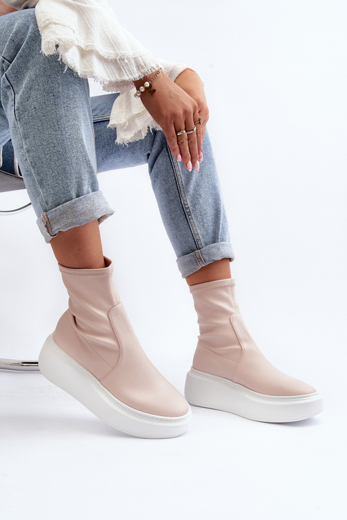 Zazoo 3395 Dámske kožené členkové topánky na masívnej platforme béžové