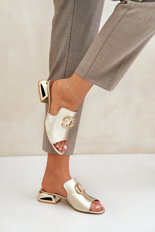 Kožené Elegantní Dámské Pantofle Na Nízkém Podpatku Laura Messi 2874 Zlaté