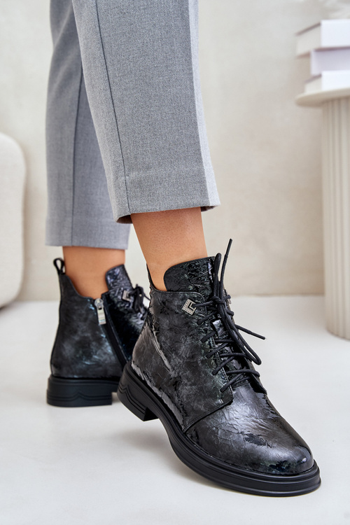 Kožené Lakované Dámske Čižmy Zateplené Na Zips D&A LZ42-042 Čierno-Šedé
