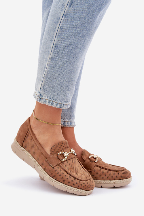 Priedušné mokasíny so zlatým detailom a jutovým pletením hnedé Lainer