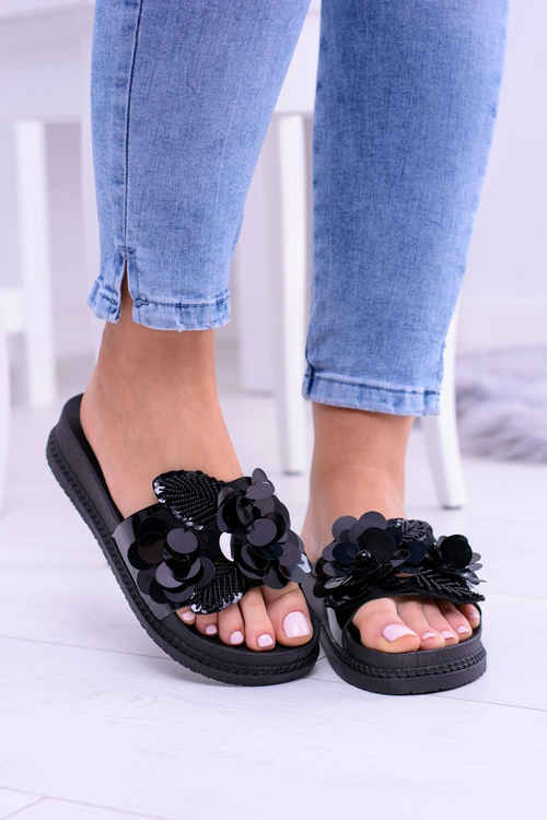 Dámske čierne flip -flops s kvetinovým vzorom Muah