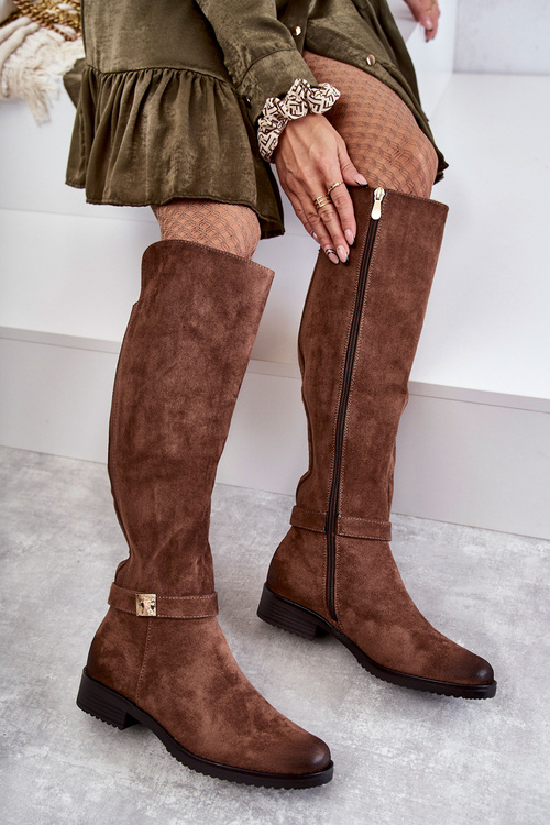 Dámské semišové kozačky na plochém podpatku Hnědé Henrike