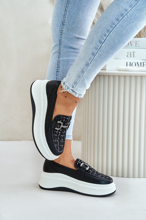 Kožené Dámské Mokasíny Na Platformě S Dekorací Černé Vinceza 89105