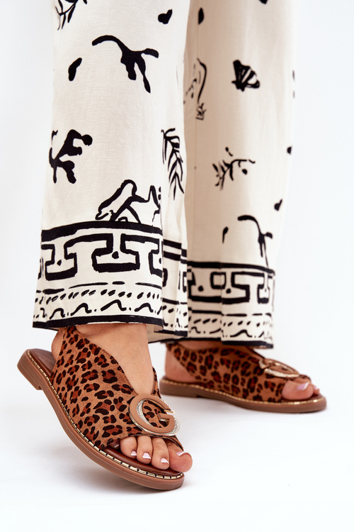 Ploché Sandále S Dekoráciou Leopard Hnedé Haliones