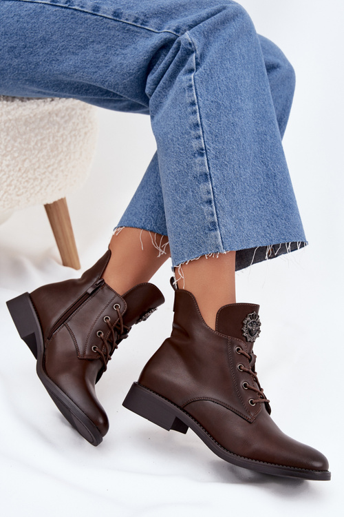 Nízké dámské boty na plochém podpatku se zdobným detailem zateplené hnědé Cylira