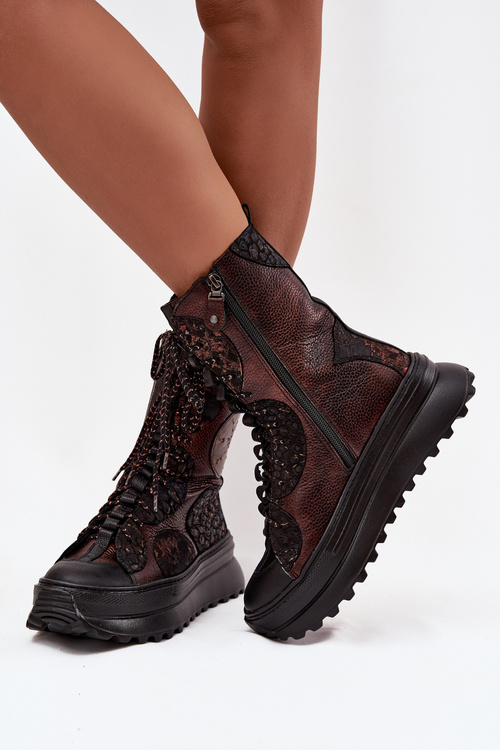 Kožené členkové topánky na platforme s podšívkou Maciejka 06565-02 hnedo-zlaté