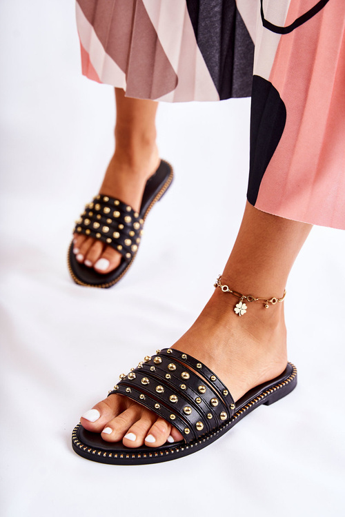 Dámské kožené pantofle s zdobením Černá Brien