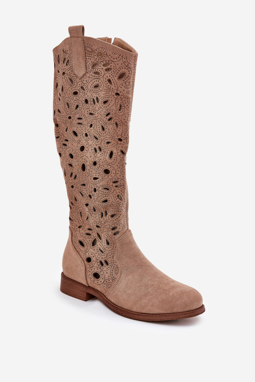 Dierkované Čižmy Na Plochéj Päte Béžové HY51-176