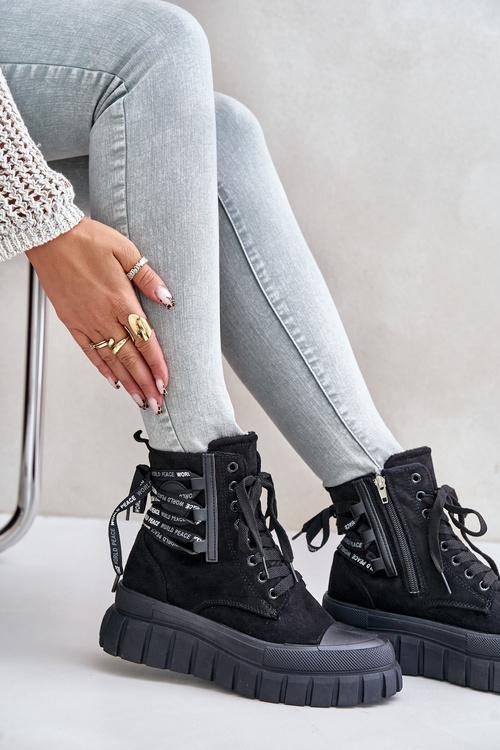 Dámske Platformové Čižmy S Dekoratívnym Šnurovaním Čierne Edidda