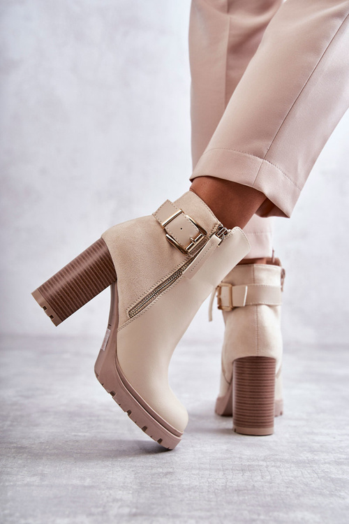 Kožené Kozačky Na Vysokých Podpatcích S Ozdobným Zipem Béžove Rosita