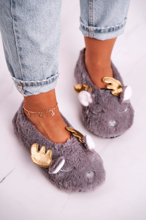 Vánoční Teplé Kožešinové Pantofle šedé Jingle Bells