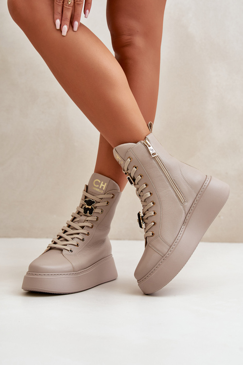 Dámske Kožené Čižmy Worker S Príveskami Béžové CheBello 4294