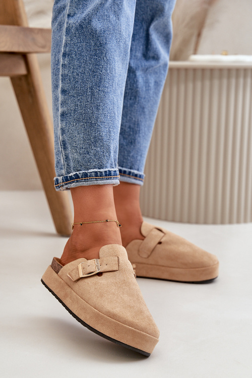 Dámské Pantofle Na Platformě Se Zlatou Sponou Tmavě Béžové Terilaina