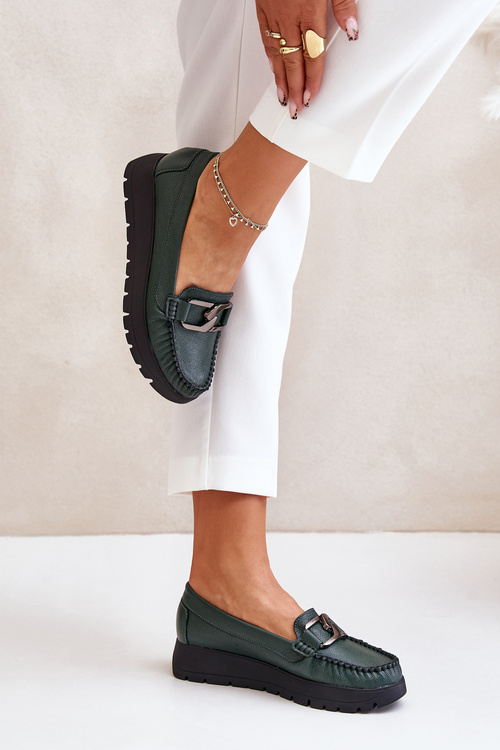 Kožené mokasíny na platformě s ozdobou tmavě zelené Zazoo 10141