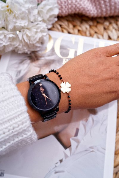 Dámský řetízkový Náramek růžové zlato černé korály Čtyřlístek Chaser