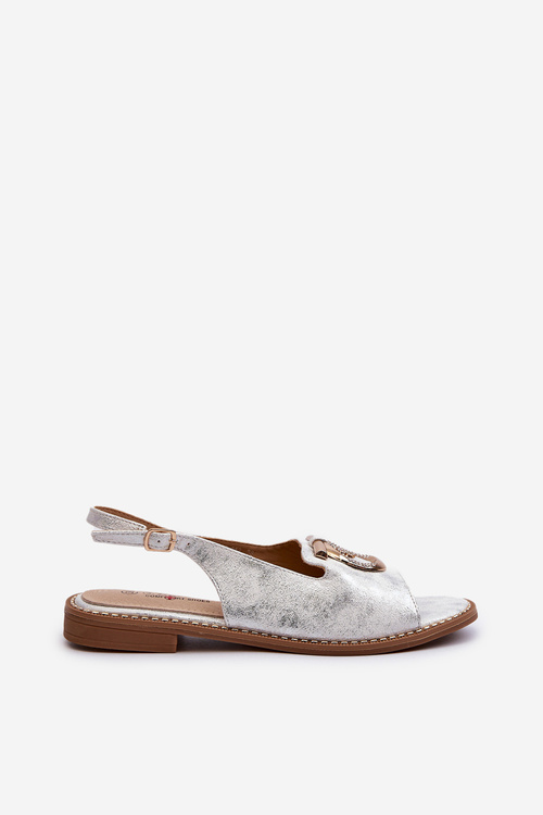 Elegantné dámske sandále so zlatou ozdobou na plochej podrážke strieborné S.Barski KV27-053