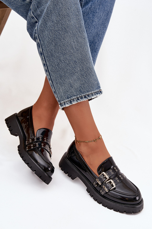 Kožené dámske mokasíny s páskami a striebornými prackami Čierne Gabrisse